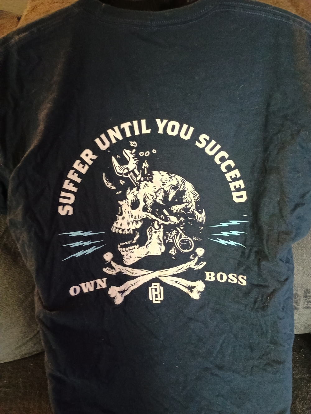 Men’s Large Blue Skull Graphic T-Shirt Suffer Until You Succeed Own Boss Tee